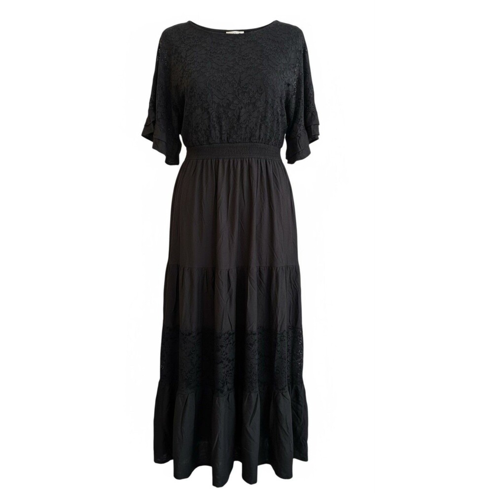 Simplee Women's Maxi Size XL Black Boho Style Dress Short Sleeve V Neck NWT NEW - Picture 2 of 6